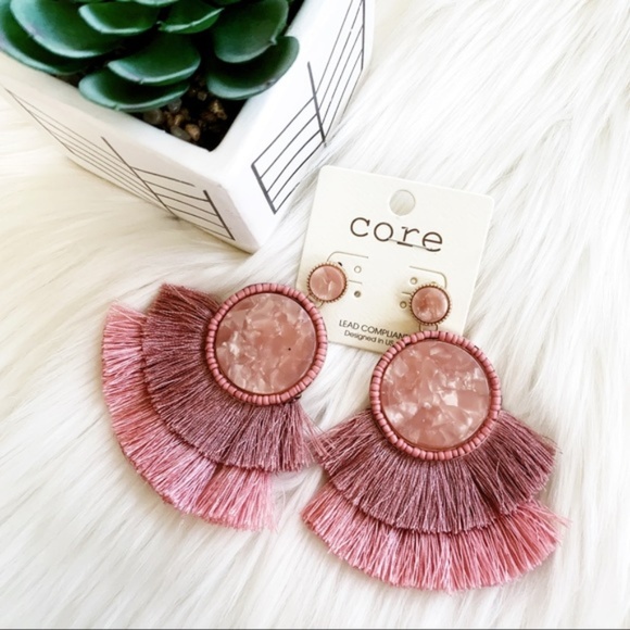 Pink Tassel Earrings Round Acrylic - Picture 5 of 5